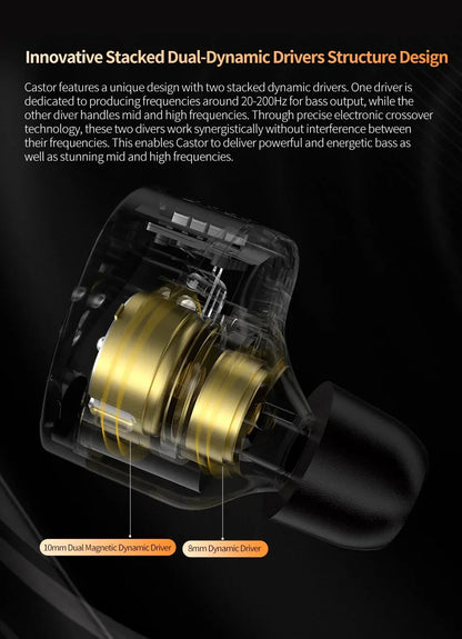 KZ Castor Wired Earbuds Improved Bass HiFi Earphone 2 Dynamic High-end Tunable Balanced Armature In-ear Headphone w/ Accessories