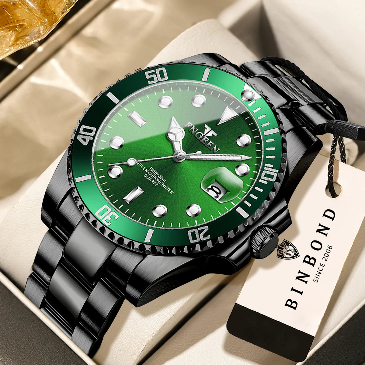 Montre-bracelet à quartz FNGEEN Son Brand de BINBOND avec bracelet en acier inoxydable pour homme, lumineuse et étanche, de luxe.