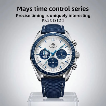 OMAYS Men's Luxury Sport Watch, 50th Anniversary Edition, Blue Nylon Band, Chronograph Quartz Wristwatch