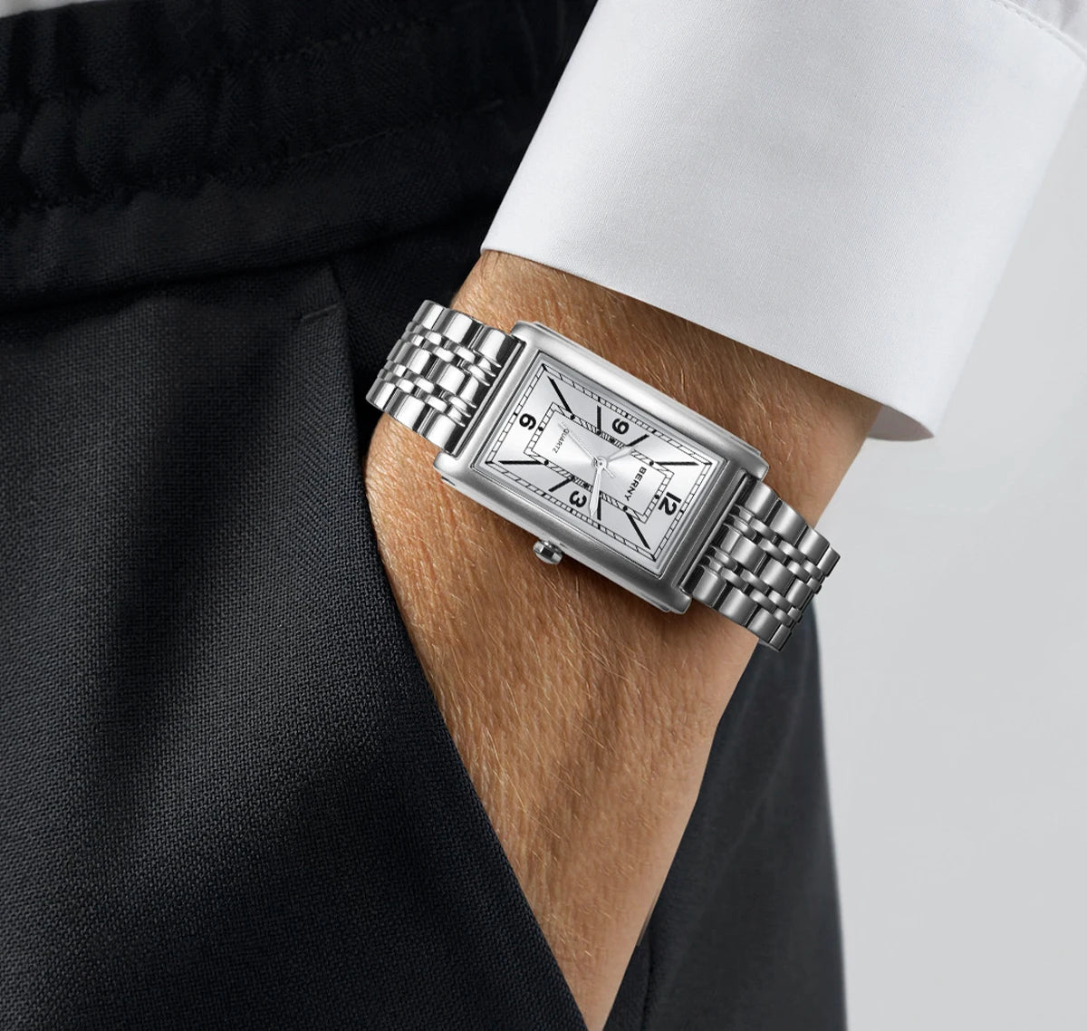 Reloj cuadrado para hombre BERNY – Movimiento de cuarzo, esfera con números romanos, indicación luminiscente, caja de acero inoxidable 316L – Reloj rectangular elegante y desenfadado