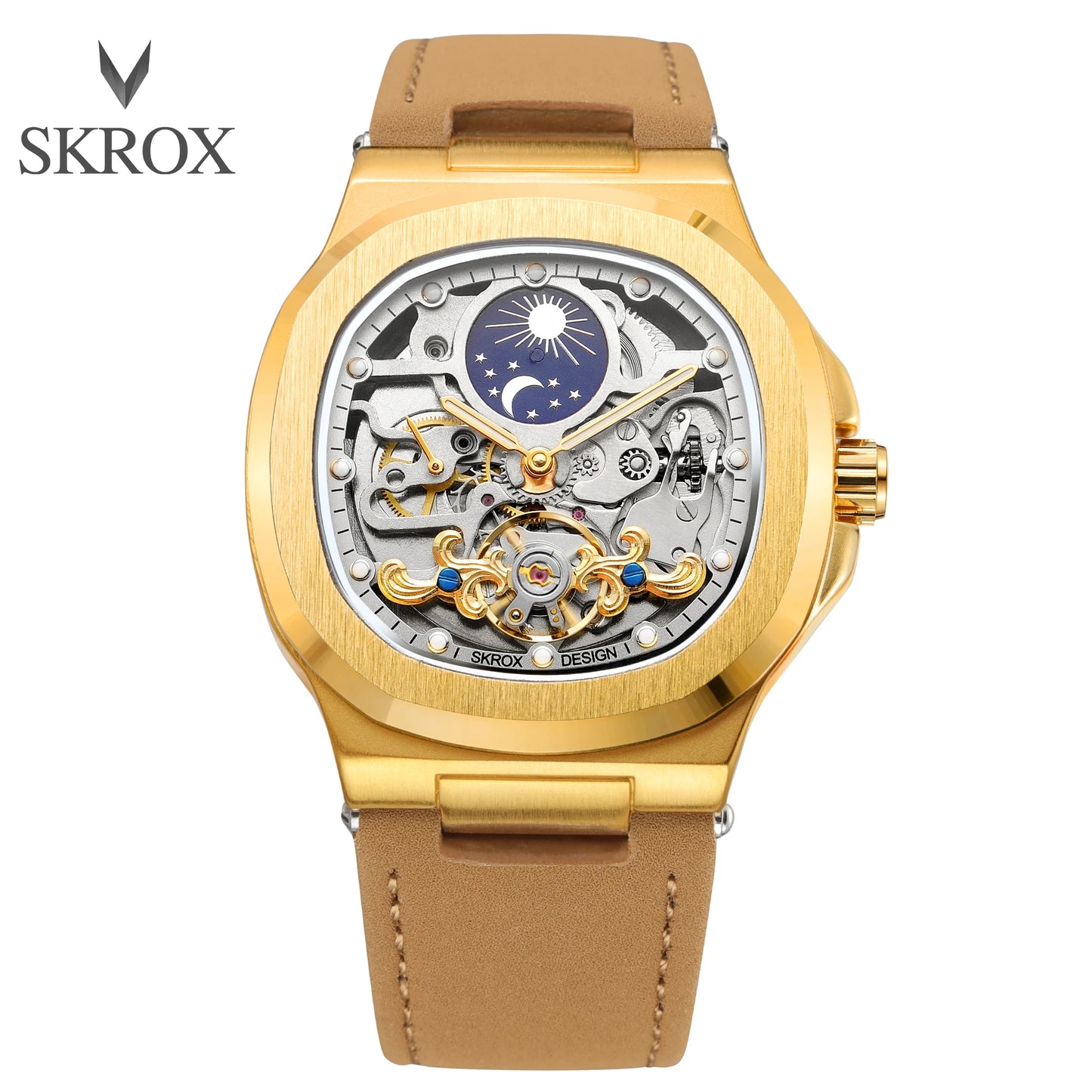 2025High-end Luxury SKROX Square Man Watch Sapphire Tourbillon Steel Skeleton Moon Phase Automatic Movement Leather Male Watches