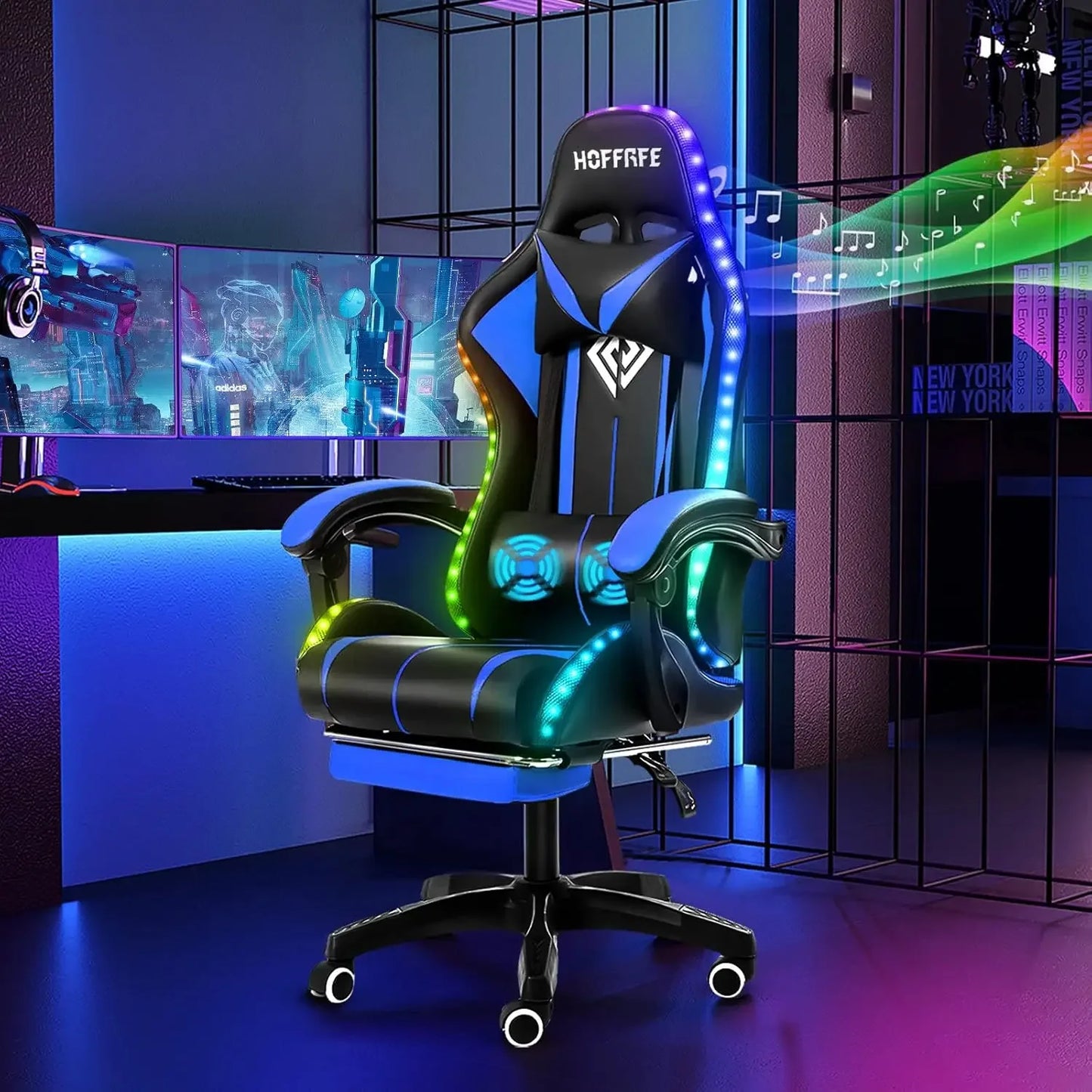 Fashion High Back Video Game Chair with Speakers Massage Computer Gaming Chair with LED Lights and Footrest