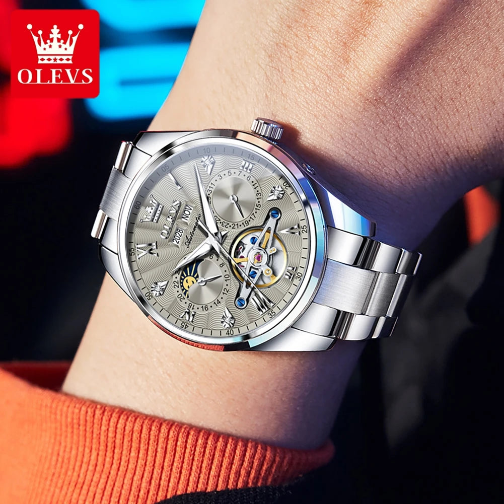 OLEVS 7028 Automatic Mechanical Men's Watch Tourbillon Dial Multifunctional Date Waterproof Luminous Watch for Men