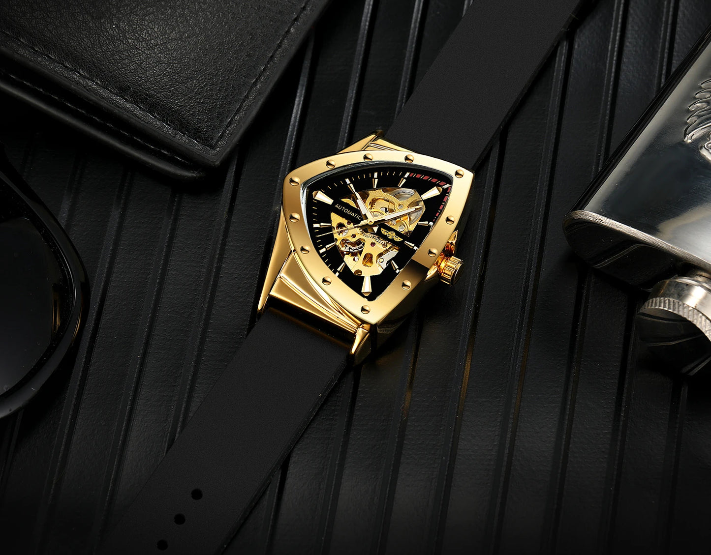 WINNER High Quality Watch for Men Triangle Steel Skeleton Mechanical Automatic Movement Clockwork Waterproof Rubber strap Wrist
