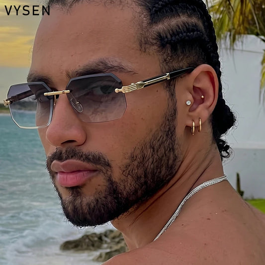 Vintage Punk Rectangle Rimless Sunglasses Men 2026 Luxury Brand Geometric Polygon Sun Glasses Male Trendy Square Shades Eyewear
