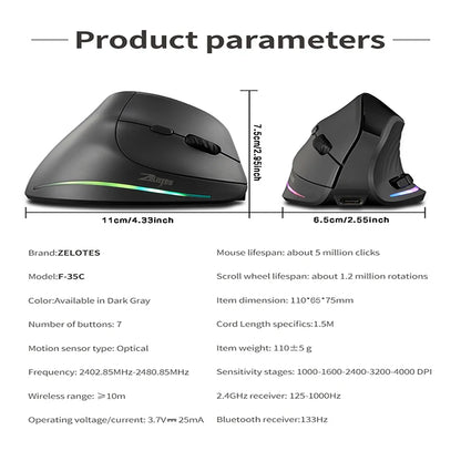 Rechargeable Wireless Vertical Mouse With Screen Display  Ergonomic Mice 6 Button Progammable Gaming Mouse for Gamer Desktop