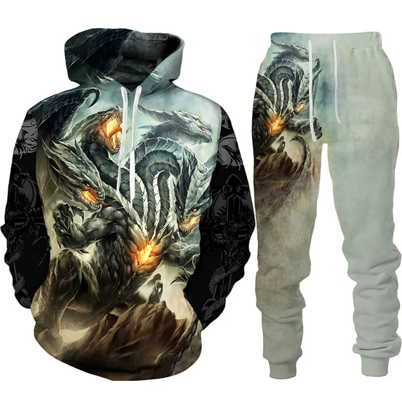 Dres z nadrukiem 3D Retro Dragon Tattoo dla mężczyzn i kobiet, casualowy zestaw z bluzą z kapturem + spodnie, 2 części, oversize, modna odzież męska