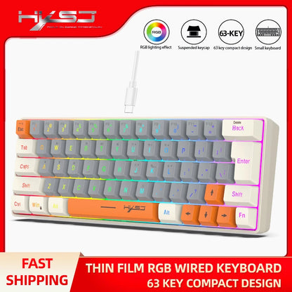 Keyboard RGB USB wired 63 keys gaming gamer compact  mini pc keyboards for trips,office,games business key board (Grey&Orange)