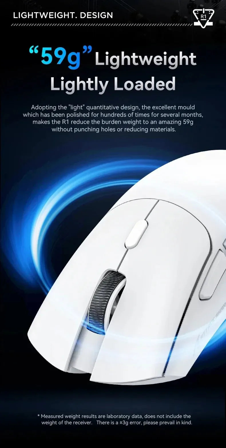 ATTACK SHARK R1 59g Ultra-light Mouse have PAW3311,18000DPI,400IPS,40G,1000Hz,Tri-Mode,Broadcom BK3633 Master,20 Million Times