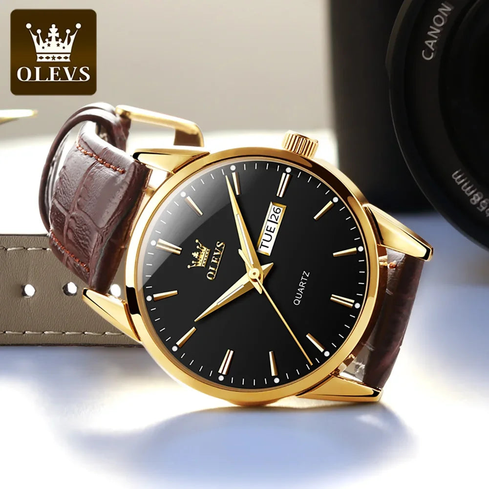 Montre à quartz OLEVS pour homme – Style luxe et élégant, bracelet en cuir, affichage de la date et du jour, étanche, idéale pour le travail