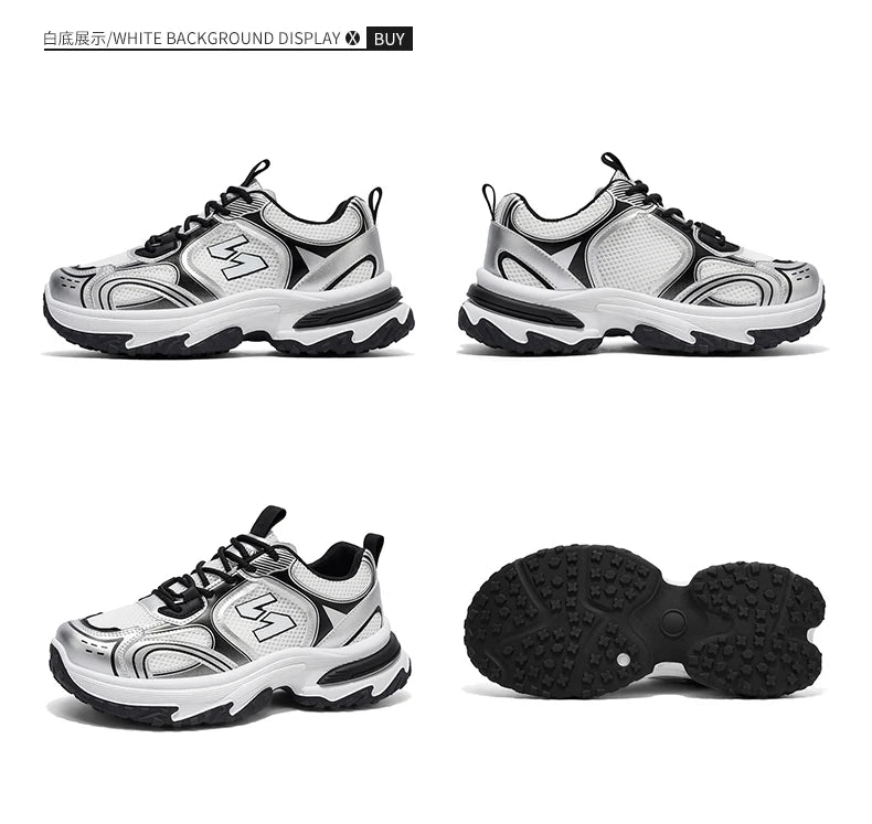 Unisex Trendy Chunky Dad Sneakers Silver Black Retro Couple Breathable Mesh Casual Platform Shoes