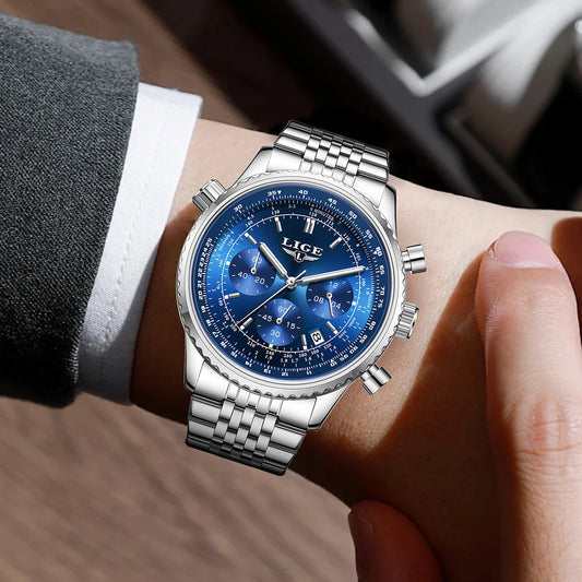 Reloj de lujo para hombre LIGE – Cronógrafo con fecha, de acero inoxidable, hermético, luminiscente, estilo deportivo y militar, reloj de cuarzo para hombre