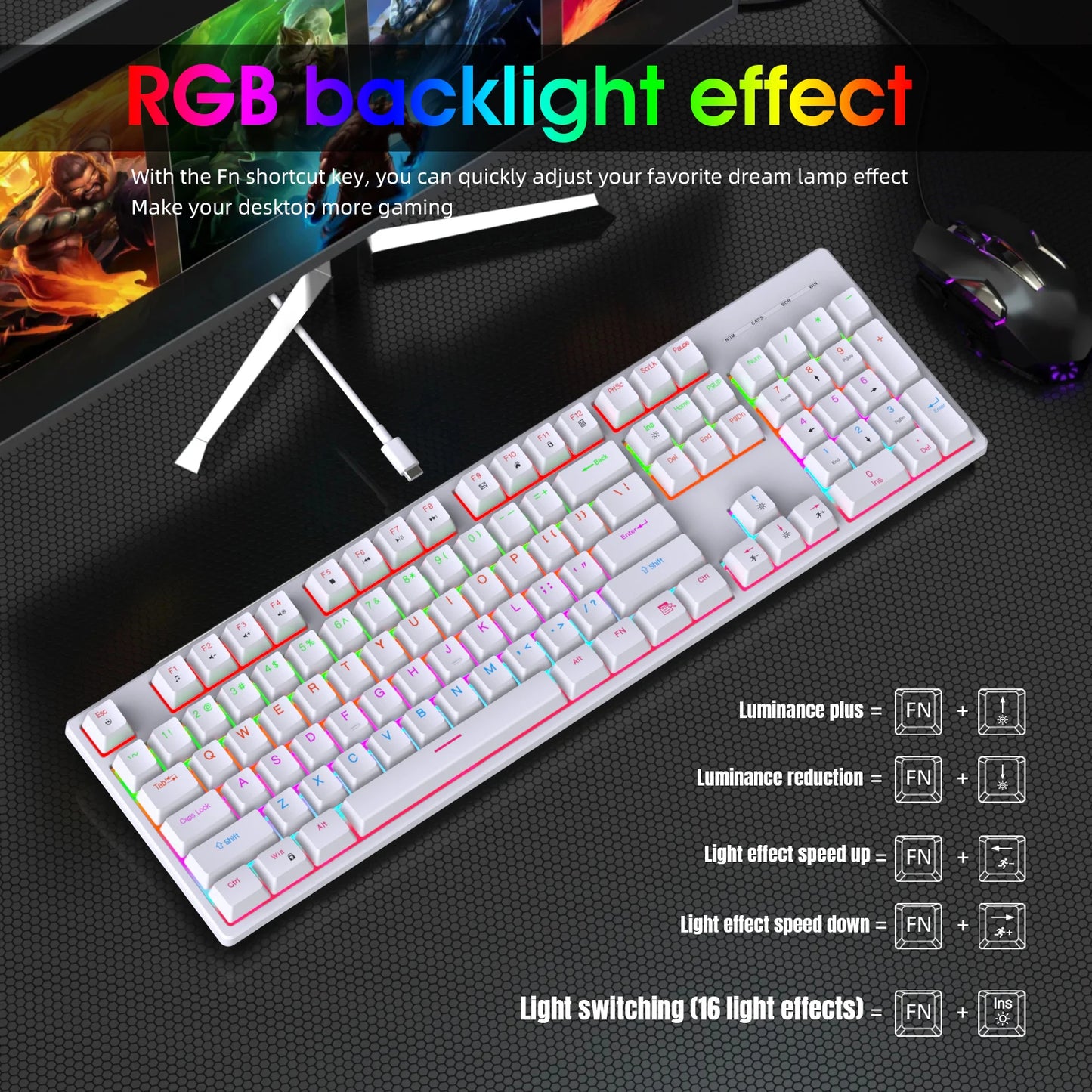  Wired Gaming Keyboard Cool Light Backlit Waterproof Gaming Keyboard Full Size 104 Key Mechanical Feel Keyboard for Pc Gamer