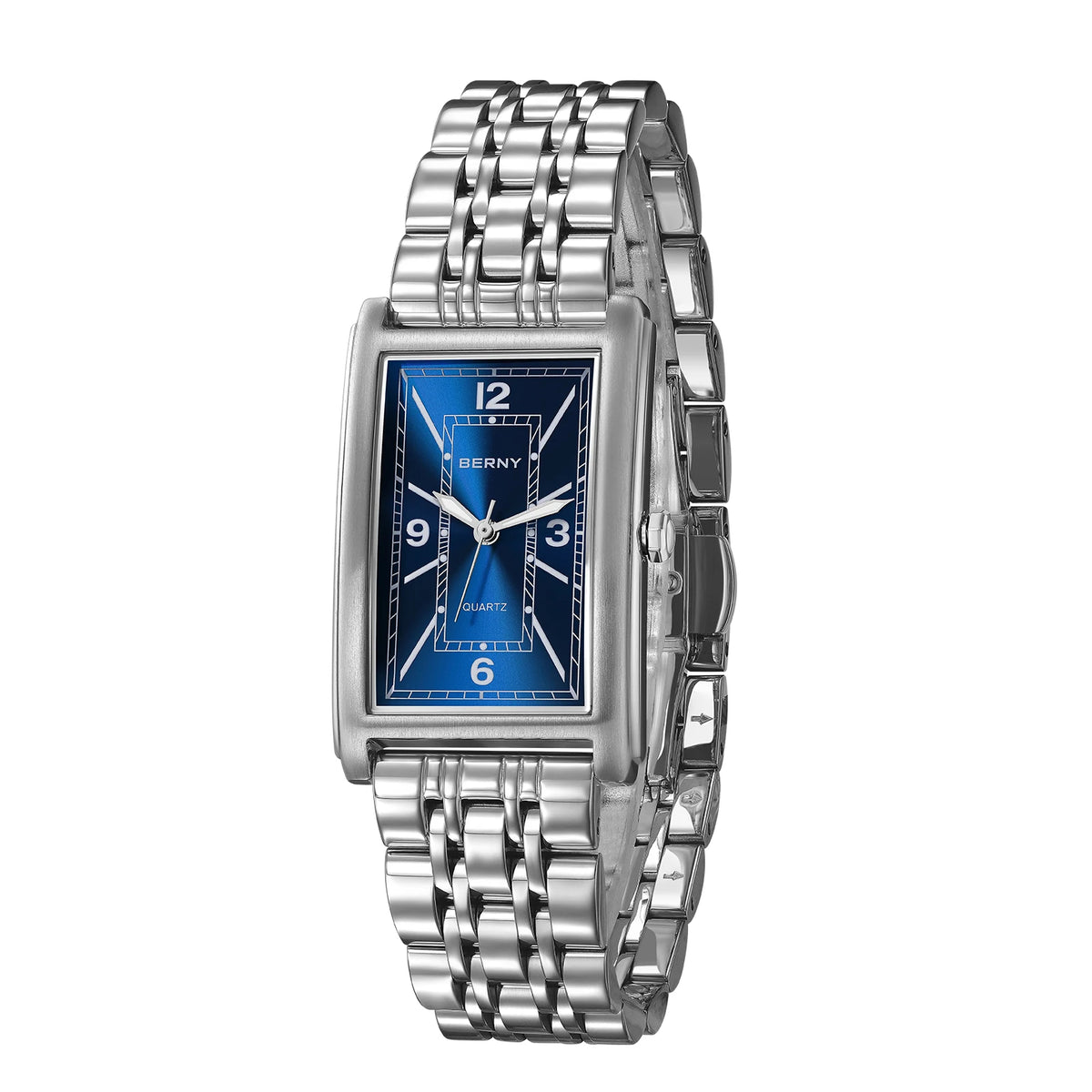 Reloj cuadrado para hombre BERNY – Movimiento de cuarzo, esfera con números romanos, indicación luminiscente, caja de acero inoxidable 316L – Reloj rectangular elegante y desenfadado