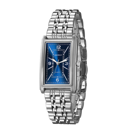 Reloj cuadrado para hombre BERNY – Movimiento de cuarzo, esfera con números romanos, indicación luminiscente, caja de acero inoxidable 316L – Reloj rectangular elegante y desenfadado