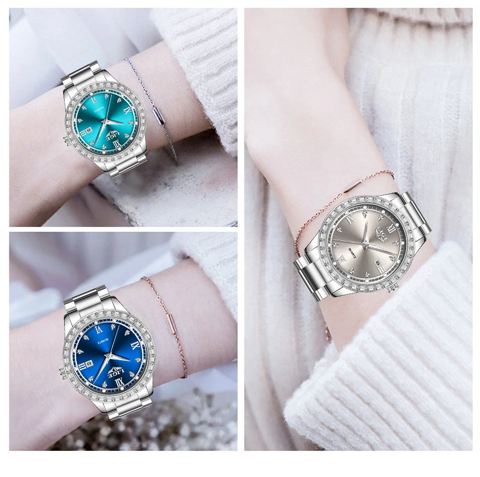 LIGE elegant women's watch Fashion waterproof clock luminous stainless steel business quartz watch for Women reloj de mujer+BOX
