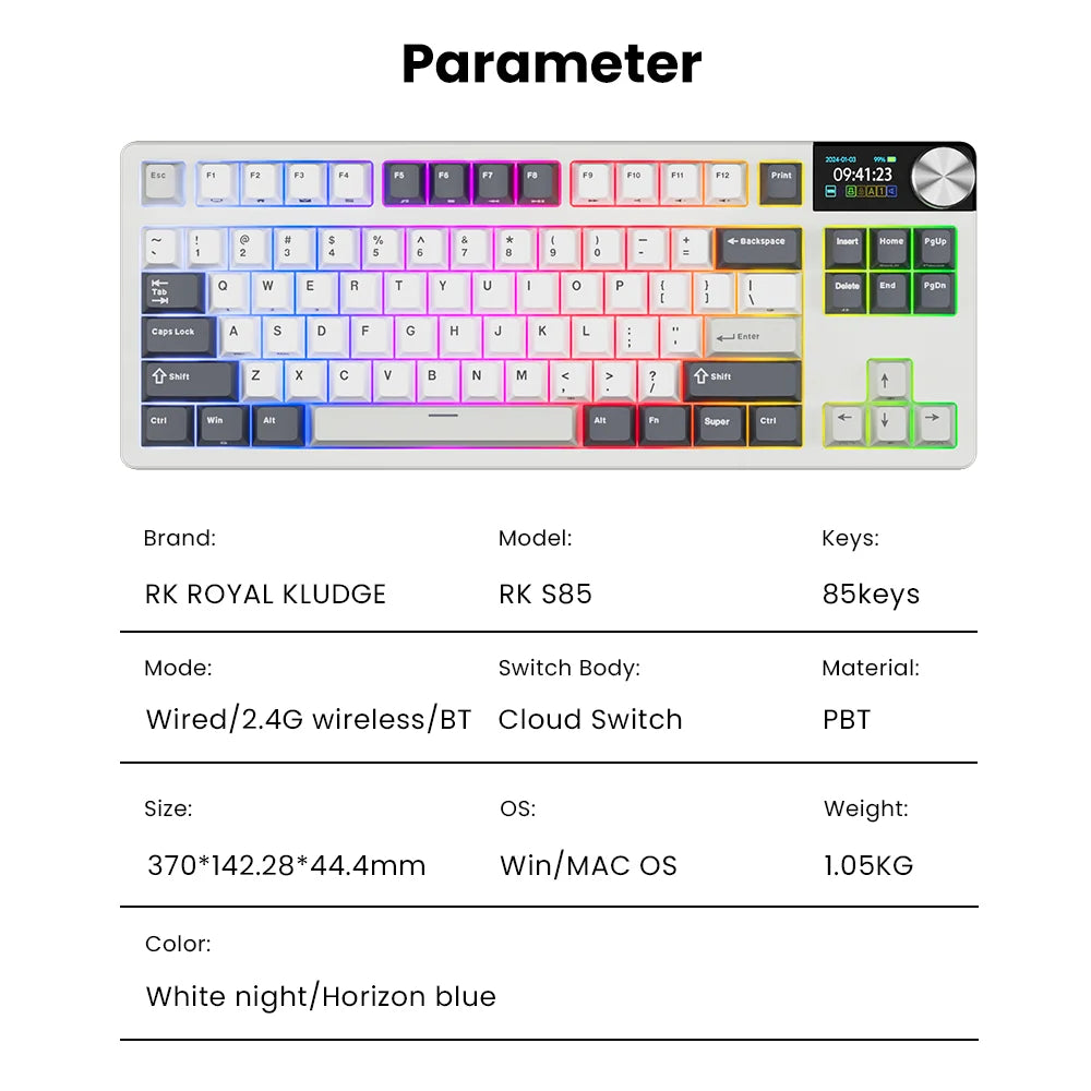 RK ROYAL KLUDGE S85 TFT Color Screent Mechanical Keyboard Tri Mode Wireless 85 Keycaps Hot-Swappable Gamer Keyboard RGB Backlit