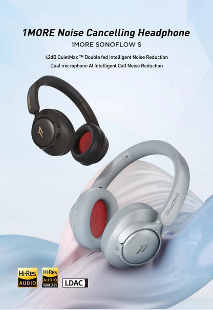 1MORE SonoFlow S Active Noise Canceling Wireless Headphones 42dB ANC Bluetooth Headsets Hi-Res Audio  90H Playtime