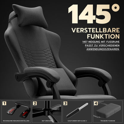 Dark Gray Fabric Gaming Chair, Massage Office Chair with Headrest, Ergonomic Racing Design, Adjustable Footrest, for PC Gamers