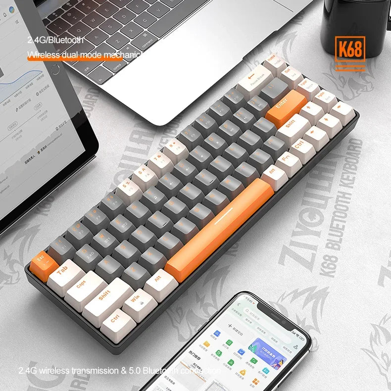 K68 2.4G/BT5.0 Wireless Gaming Mechanical Keyboard 68 Keys Hotswap Mini Gaming Mechanical Keyboard PBT Keycaps 65% Keyboards