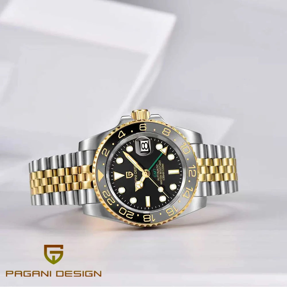 Montre mécanique pour homme Pagani Design GMT – Modèle de luxe avec verre saphir, boîtier en acier inoxydable et lunette en céramique – Montre automatique pour homme, style professionnel