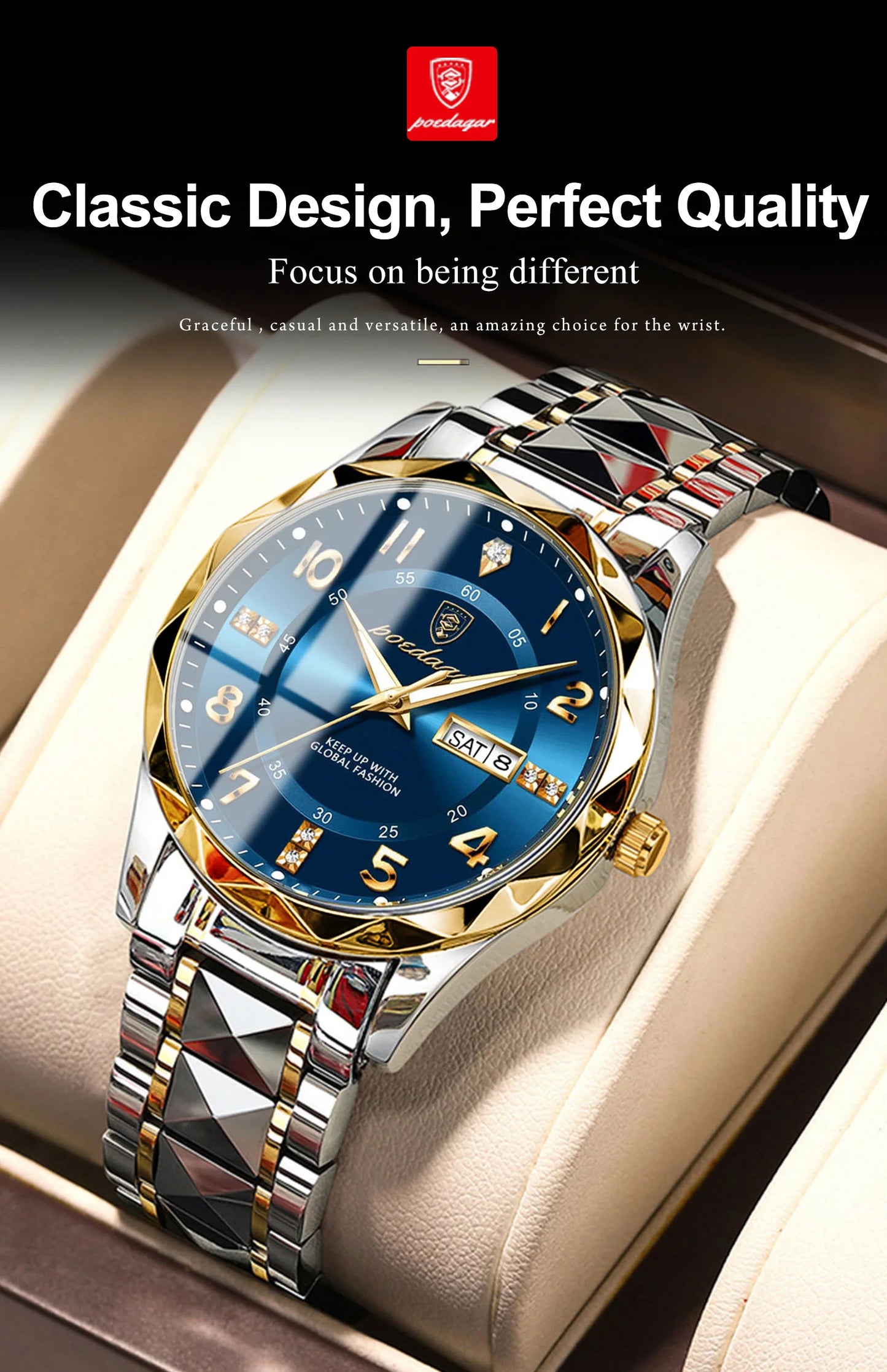 POEDAGAR Top Business Men Quartz Watch Waterproof Date Week Luminous Wristwatch Stainless Steel Fashion Men's Watches Man Clock