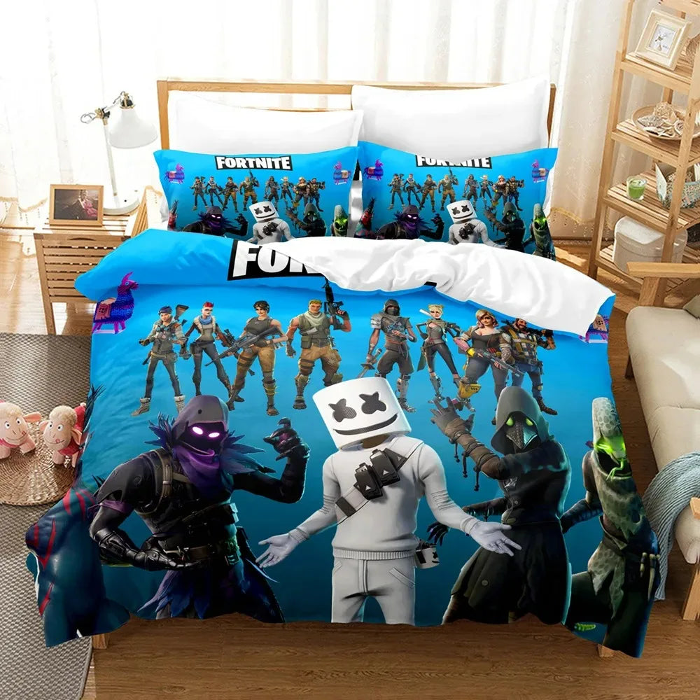 F-Fortnite 3PCS Bedding Set Battle Royale Kids Duvet Cover Quilt Pillowcase Double Size Victory Game Bedroom Linen Decoration