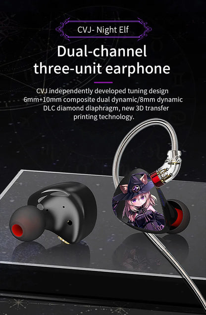CVJ Nightelf in ear earphones Dual-channel three-unit  3.5mm metal plug earphone with silver-plated wire rod