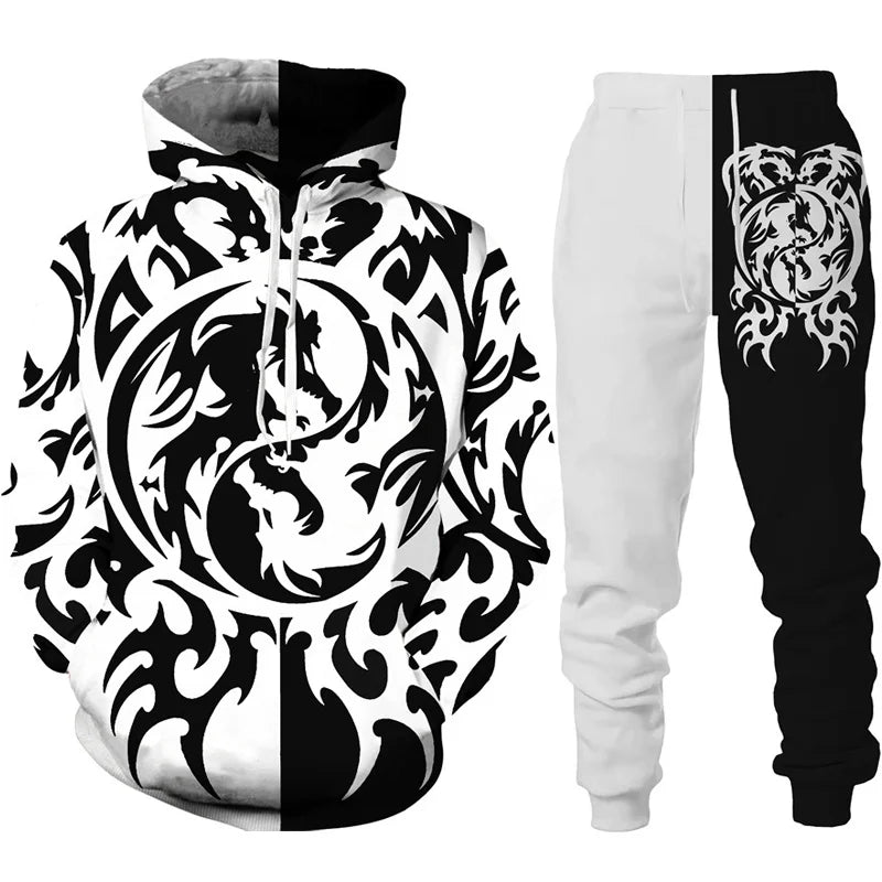 Dres z nadrukiem 3D Retro Dragon Tattoo dla mężczyzn i kobiet, casualowy zestaw z bluzą z kapturem + spodnie, 2 części, oversize, modna odzież męska