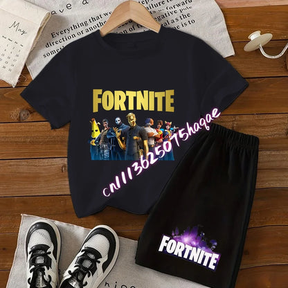 Sommerliches Fortnite-Kinder-Set: T-Shirt und Shorts, 2-teilig, Anime-Design, kurzärmelig, aus Baumwolle, lässige Sportbekleidung, Geschenkidee