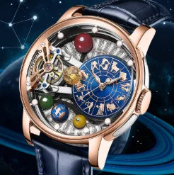 Montre mécanique automatique pour homme, modèle « Ciel étoilé » : design squelette, style constellation, boîtier en acier inoxydable, affichage en relief, fonction luminescente et étanchéité.