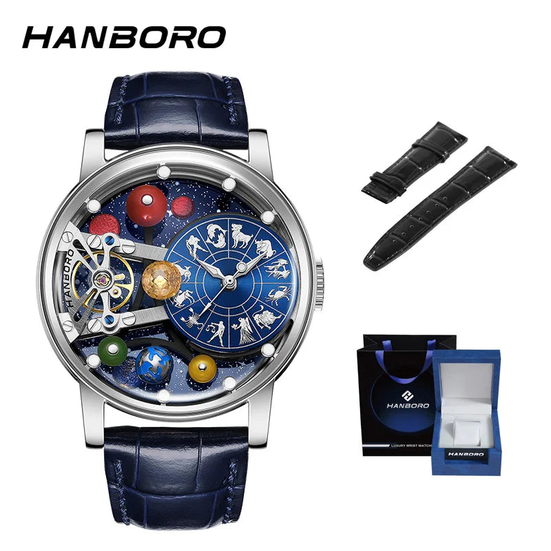 Montre mécanique automatique pour homme, modèle « Ciel étoilé » : design squelette, style constellation, boîtier en acier inoxydable, affichage en relief, fonction luminescente et étanchéité.