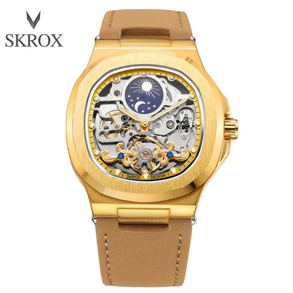 2025High-end Luxury SKROX Square Man Watch Sapphire Tourbillon Steel Skeleton Moon Phase Automatic Movement Leather Male Watches