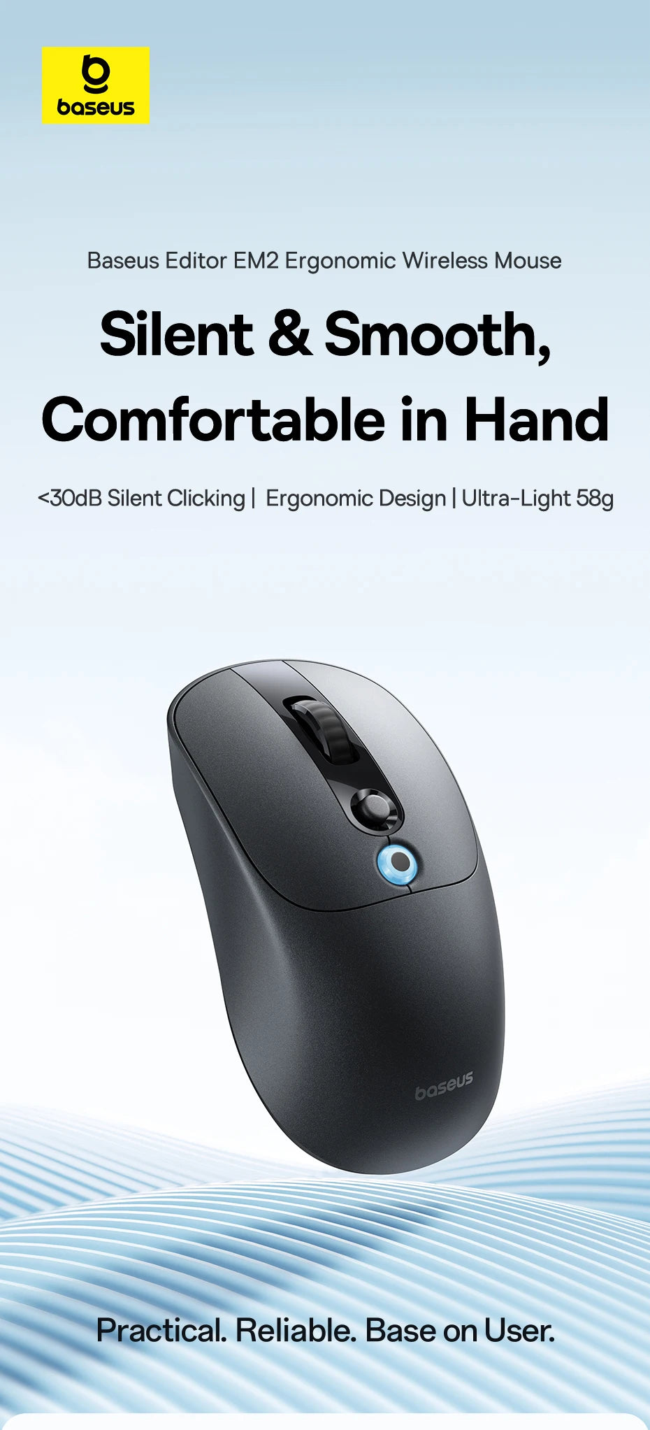 【NEW】Baseus EM2 Ergonomic Wireless Mouse Bluetooth 5.3 2.4G Type-C Charging Ultra Light Silent Mice Customizable Button Mouse