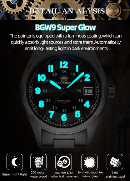 ADDIESDIVE Men's Retro Mechanical Watch Sapphire Mirror Glass Stainless Steel Watch BGW9 Luminous 200m Waterproof Analog Watch