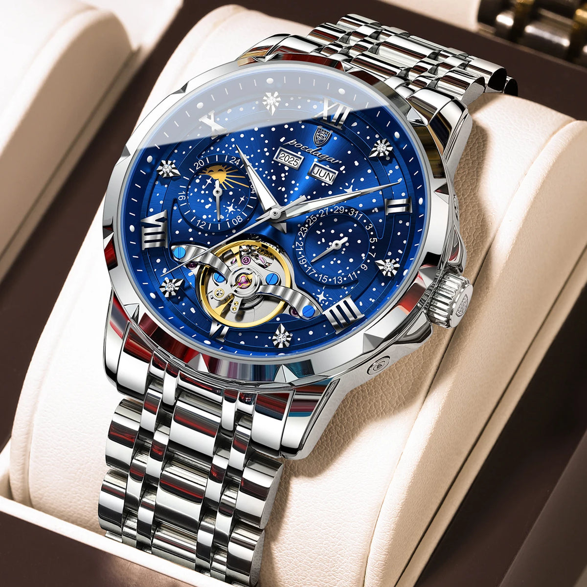 Montre mécanique automatique pour homme POEDAGAR – Modèle haut de gamme, boîtier en acier inoxydable, calendrier, tourbillon apparent