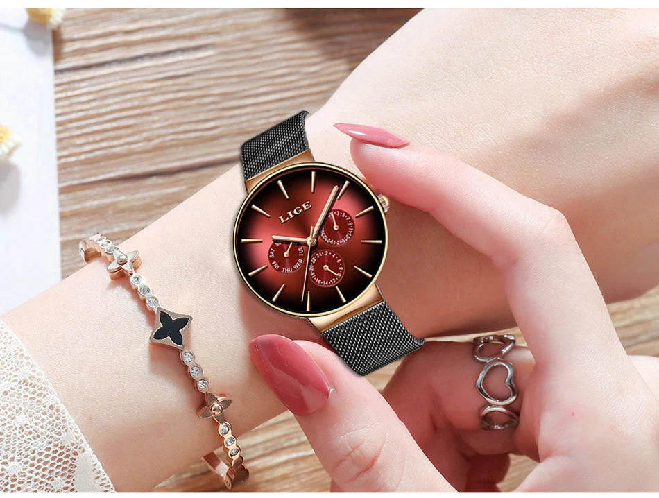 Reloj de mujer LIGE, elegante y a la última: estilo deportivo e informal, correa de malla, mecanismo de cuarzo, indicador de fecha y día, resistente al agua.