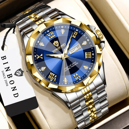Reloj de cuarzo para hombre BINBOND: reloj de pulsera de lujo, luminiscente y resistente al agua, con indicador del día de la semana y fecha automática.