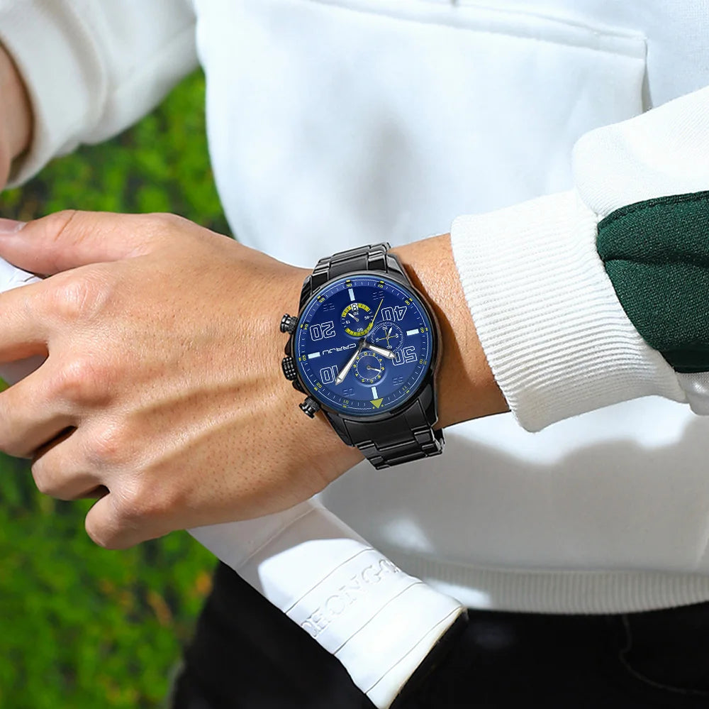Montre pour homme CRRJU – Chronographe de luxe, grand cadran, acier inoxydable, étanche, avec affichage de la date