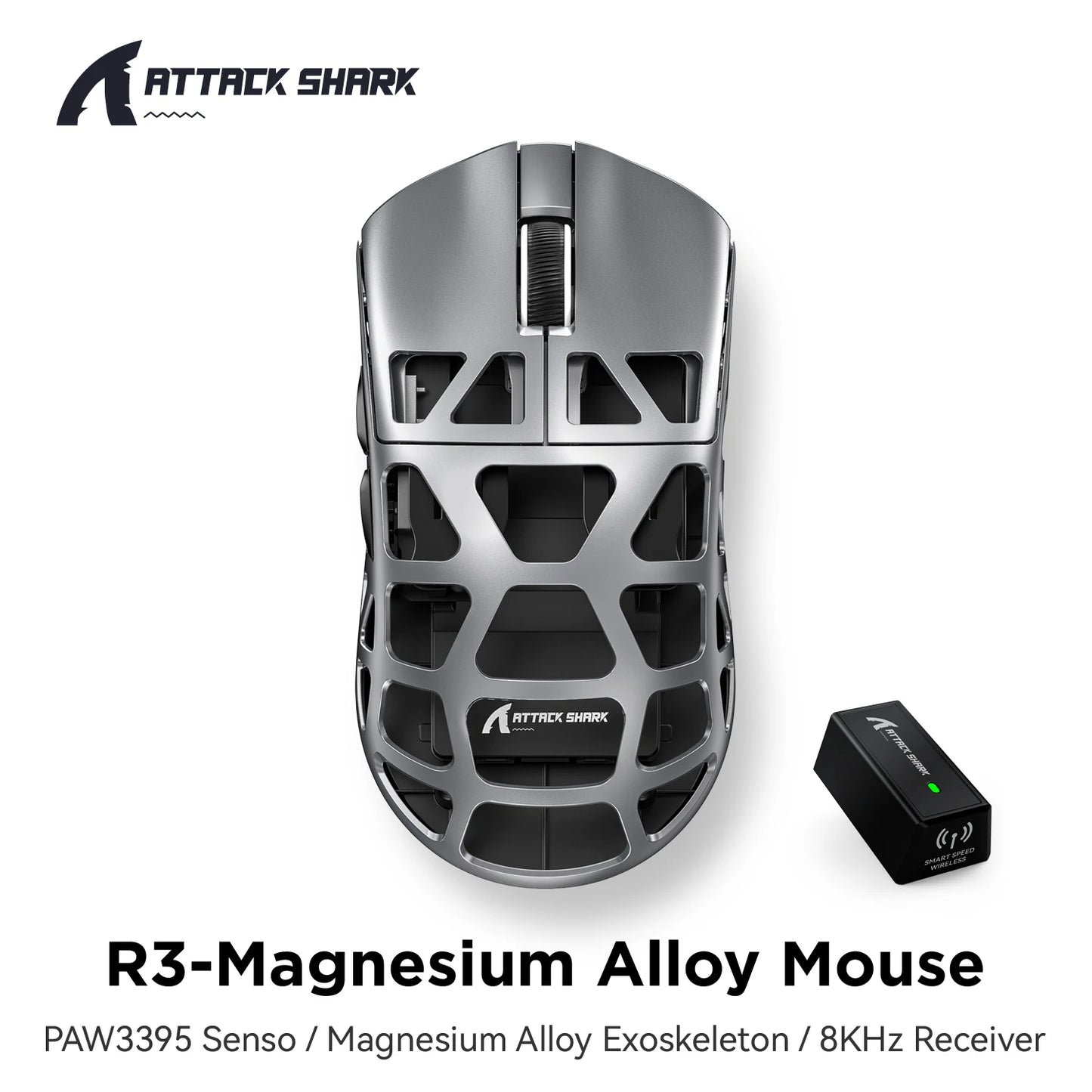 ATTACK SHARK R3 Gaming Mouse Magnesium Alloy Honeycomb,Ultra-Lightweight 8K Hz, PAW3395 Sensor, 26000 DPI, Ergonomic Shel