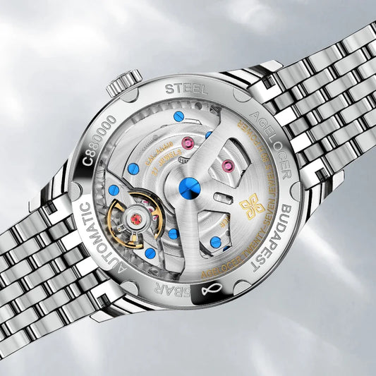 AGELOCER Original Budapest Watch - Orologio da uomo in acciaio con cinturino, elegante e professionale, con calendario grande, meccanico automatico - Regalo di compleanno per uomo