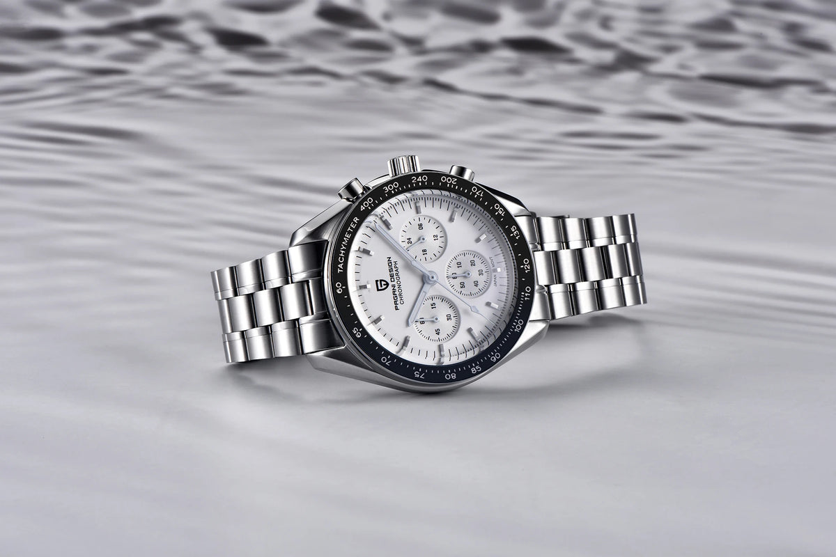 Reloj para hombre PAGANI DESIGN «New Moon» – Reloj de cuarzo de lujo, cronógrafo, cristal de zafiro con tratamiento antirreflectante, bisel de cerámica, agujas luminiscentes