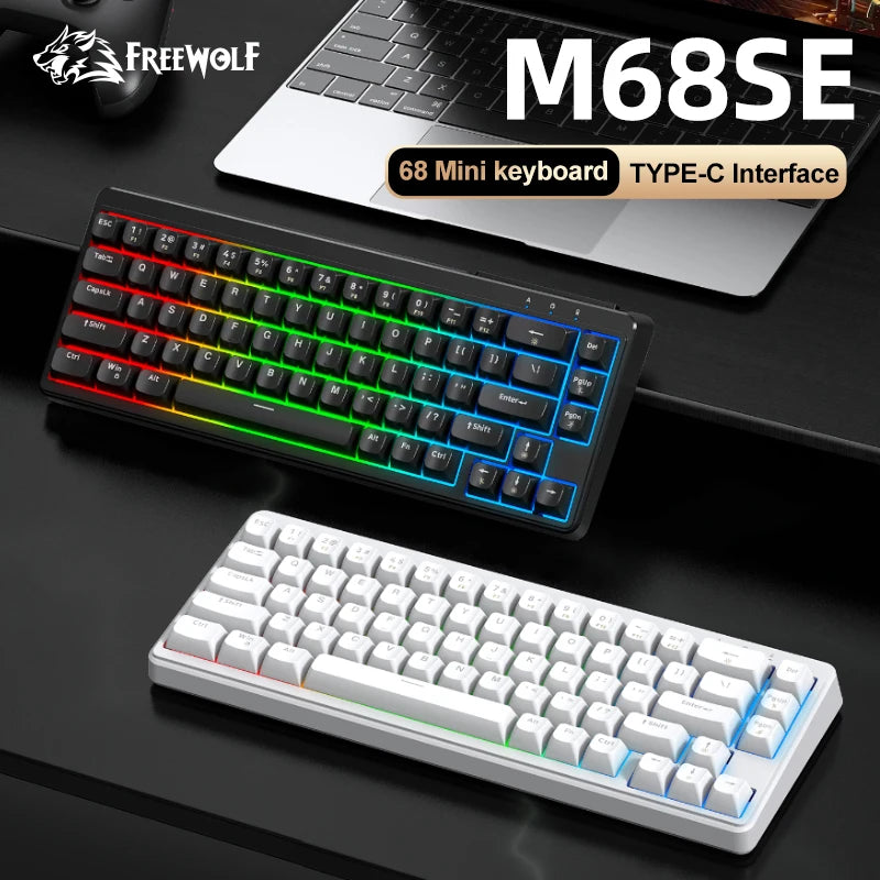 FREEWOLF M68SE 68 Key Mini Wired Keyboard RGB Backlit Type-C 68% Layout Compact Gaming Office PC Laptop