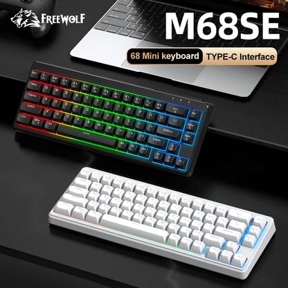 FREEWOLF M68SE 68 Key Mini Wired Keyboard RGB Backlit Type-C 68% Layout Compact Gaming Office PC Laptop