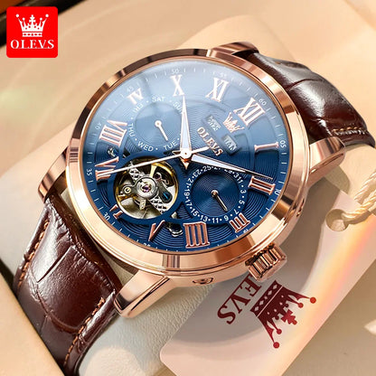 Montre homme OLEVS 6668, marque de renom, tendance et mécanique automatique, bracelet en cuir, étanche et lumineuse.
