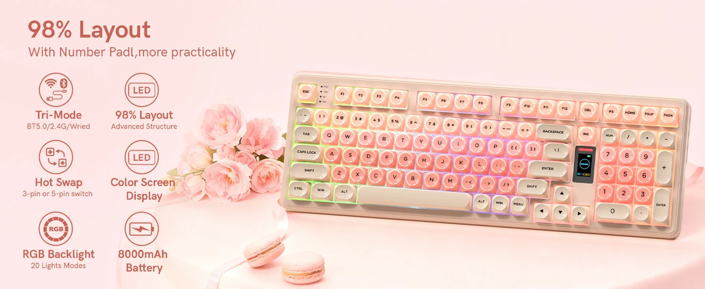 Womier Foundation WK98 Mechanical Keyboard With Display Pink Creamy 3 Mode Ergonomic Gasket Hot Swappable Gaming Keyboard