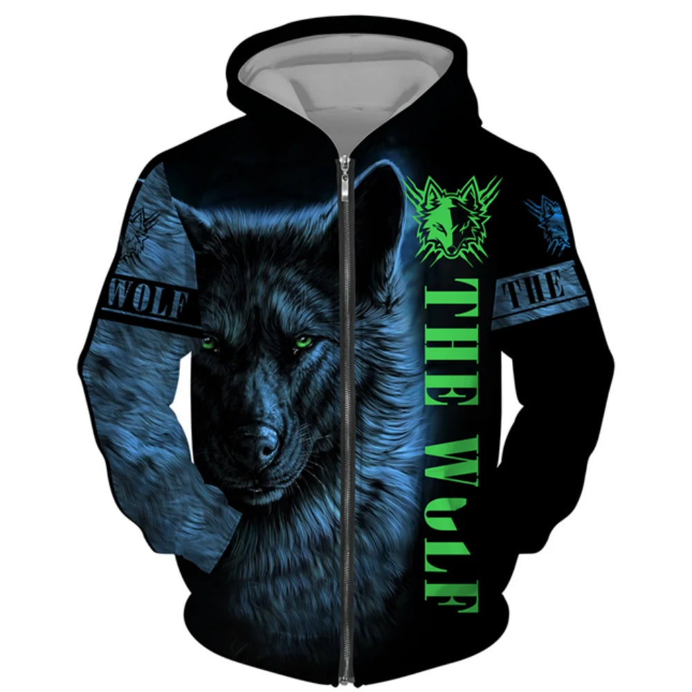 3D Wolf Print Men Zipper Hoodies Fashion Animal Pattern Top Coat Street Punk Style Oversized Sweatshirts Outdoor Leisure Jackets