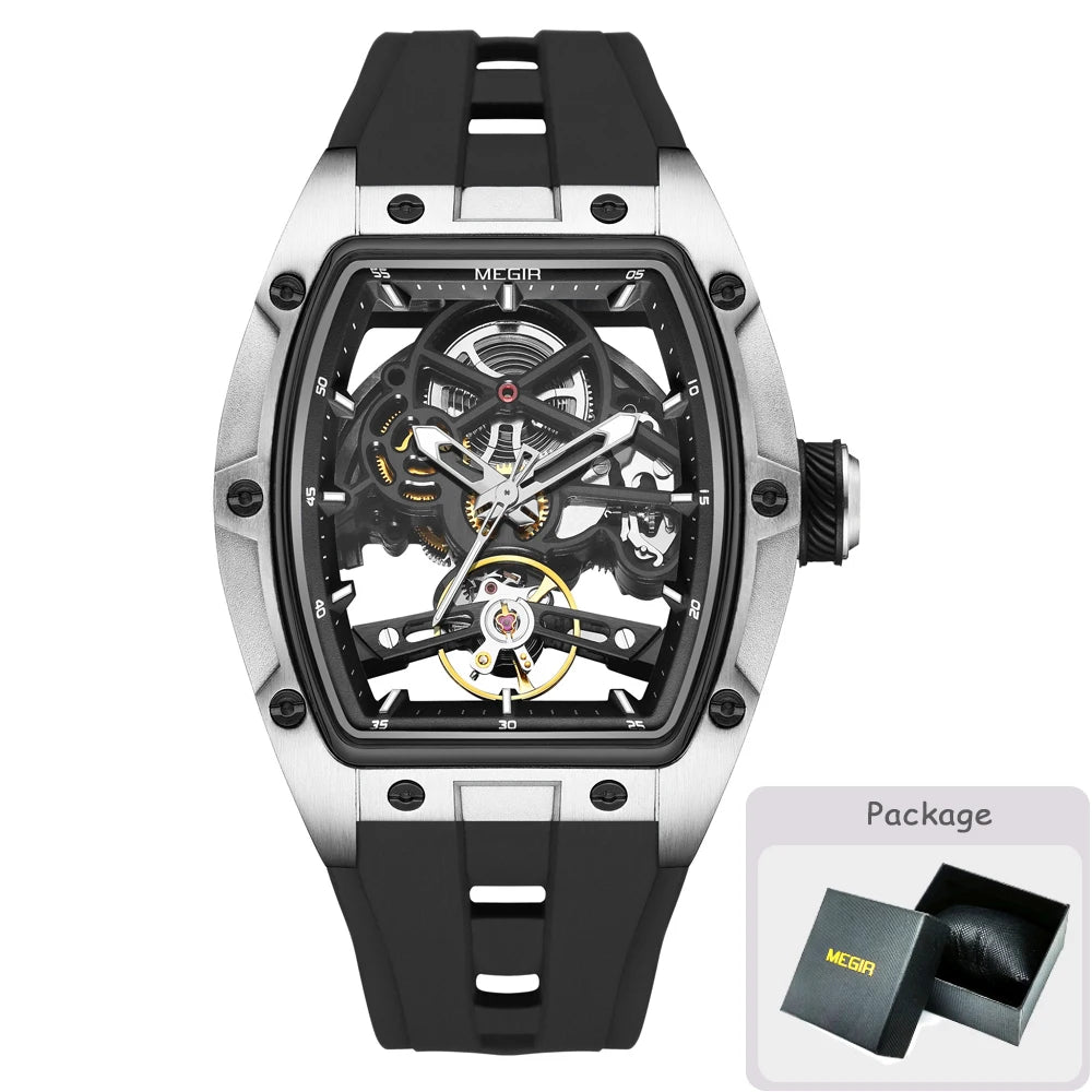 Reloj mecánico para hombre MEGIR, forma de barril, esfera esqueletizada calada, estilo deportivo, correa de silicona, reloj automático de lujo