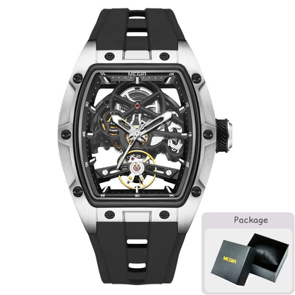 Reloj mecánico para hombre MEGIR, forma de barril, esfera esqueletizada calada, estilo deportivo, correa de silicona, reloj automático de lujo