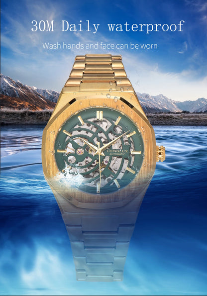 LONGLUX automatic watch business mechanical watches simple skeleton waterproof stainless steel cost effective mens watch gift